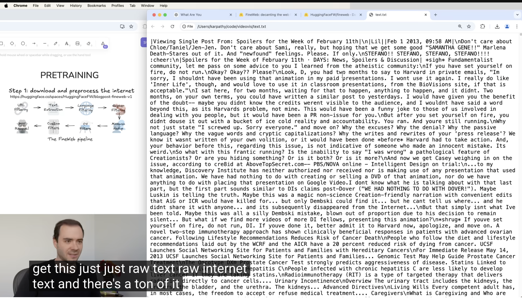 Pretraining pipeline and text extraction screenshot from Deep Dive into LLMs
